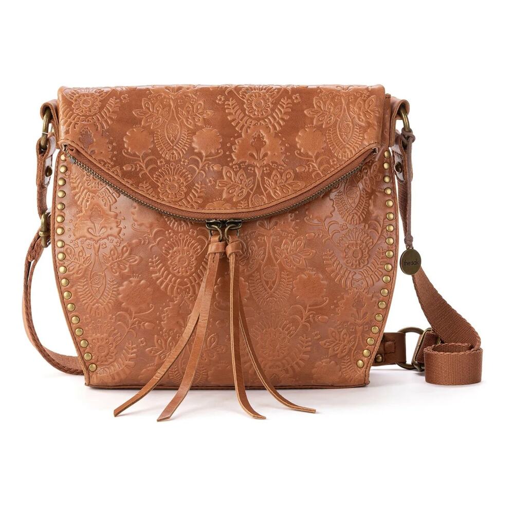 The Sak Silverlake Brown Leather Crossbody Bag Studded Floral Embossed Tassels